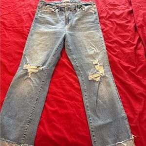 Good American Distressed Straight Leg Jeans in Light Blue